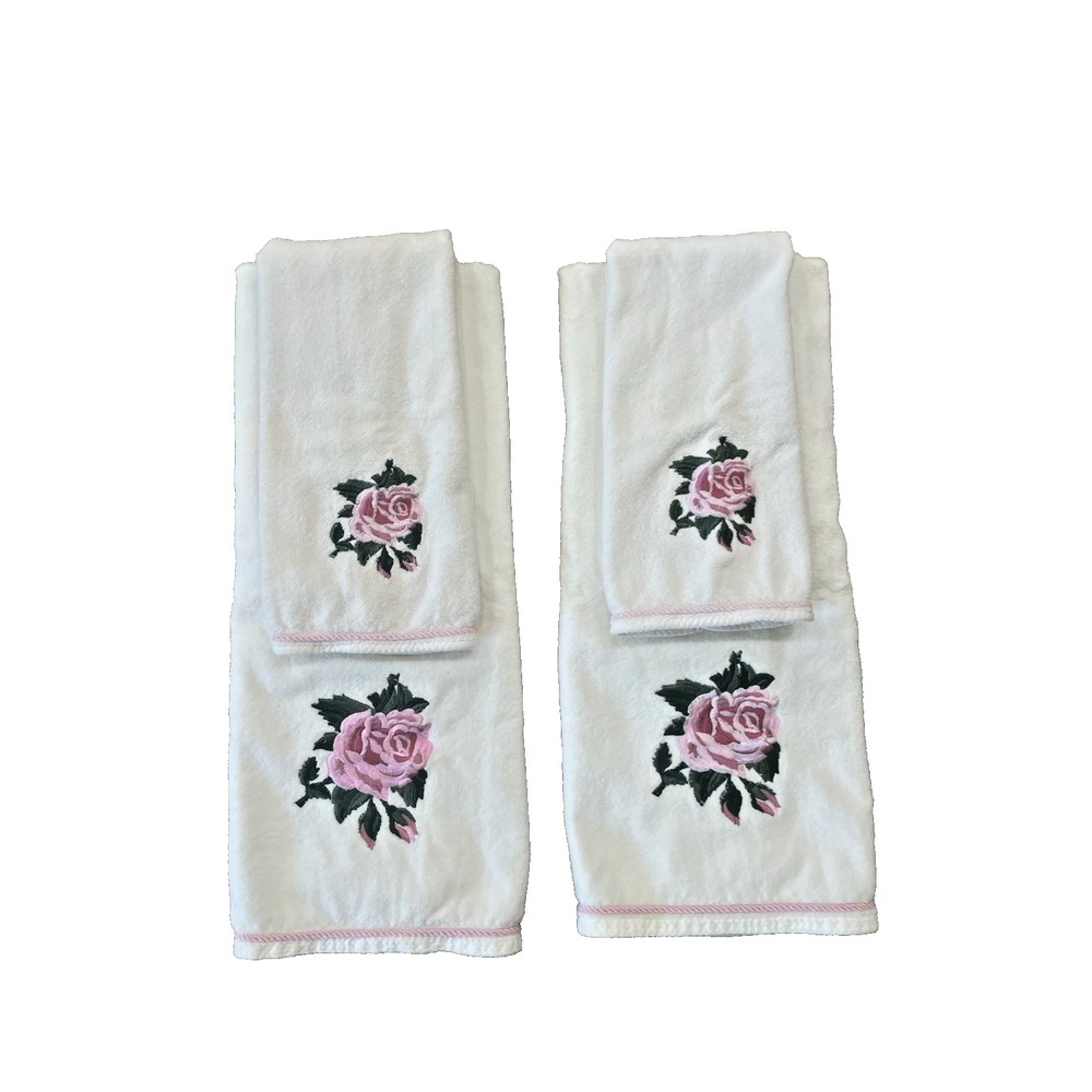 Vtg Set of 4 Pink Rose Embroidered White Bath & Hand Towels Rope Trim EUC